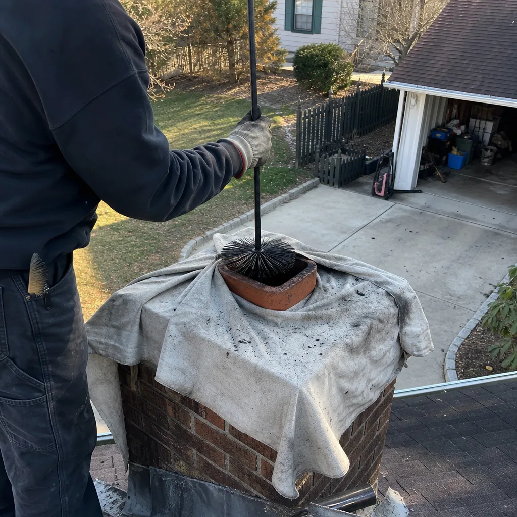 Professional chimney sweep cleaning a brick chimney flue from a rooftop.
