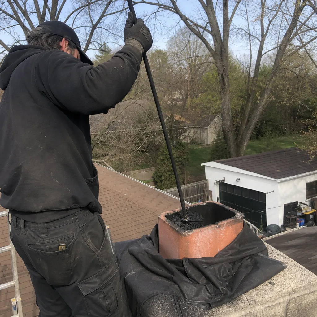 Professional chimney sweep cleaning a chimney stack on a residential rooftop