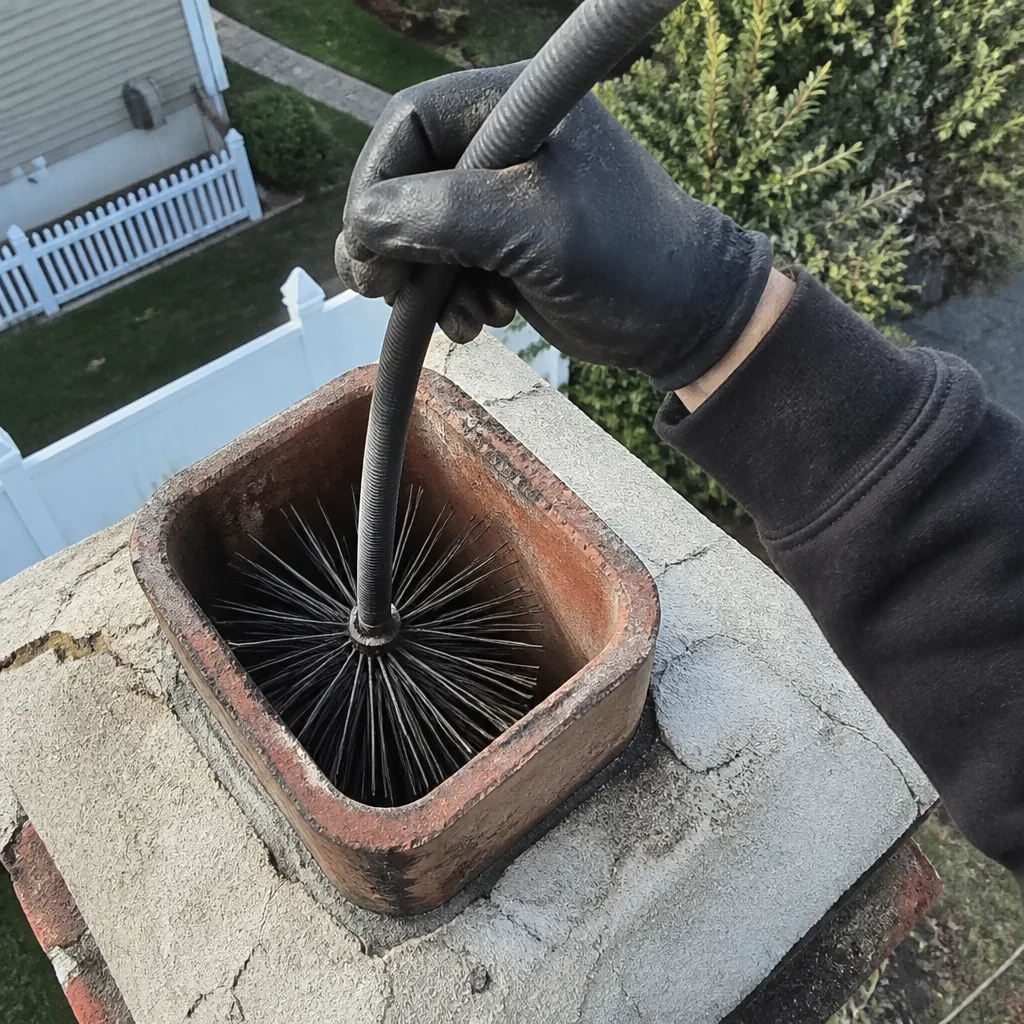 Professional chimney sweep cleaning a residential chimney flue with wire brush